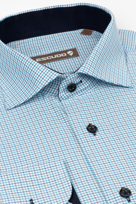 Camasa alba regular fit cu carouri bleumarin si turcoaz [3]