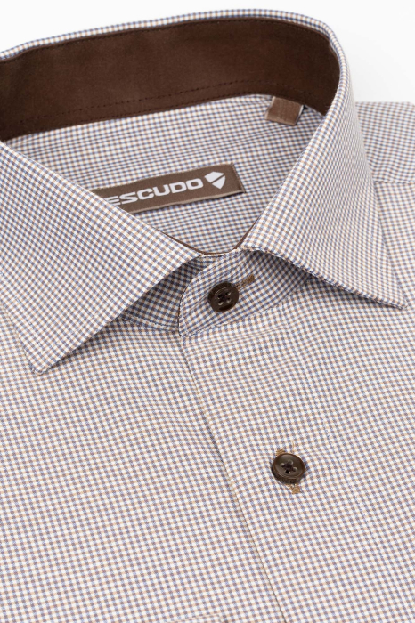 Camasa alba regular fit cu carouri maro mici [3]