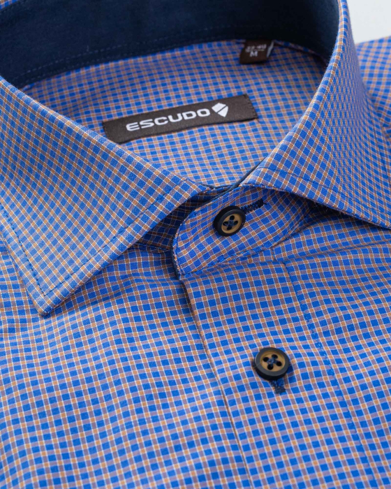 Camasa albastra casual slim cu carouri maro [2]