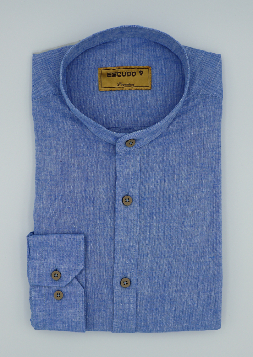 Camasa albastra regular fit din in cu guler tunica pentru barbati 2XL [1]