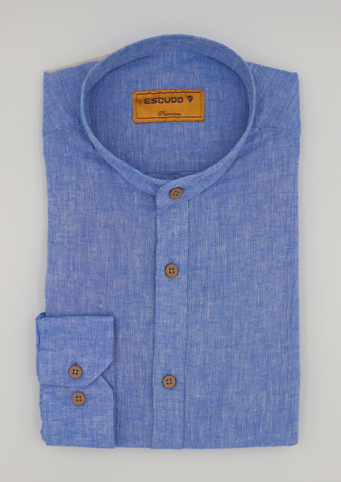 Camasa albastra slim fit din in cu guler tunica pentru barbati 2XL [1]