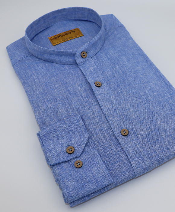 Camasa albastra slim fit din in cu guler tunica pentru barbati 2XL [3]