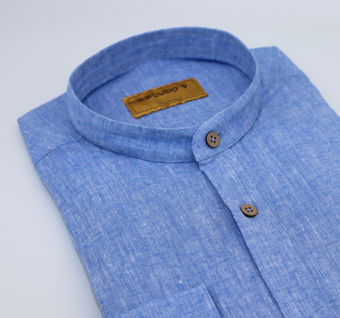 Camasa albastra slim fit din in cu guler tunica pentru barbati 2XL [4]