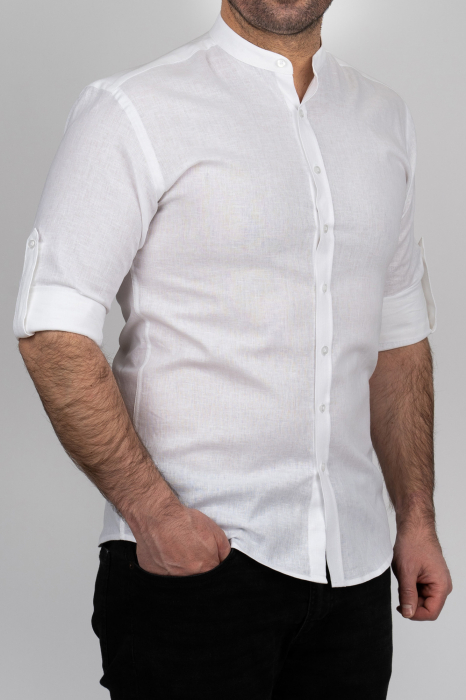 Camasa barbati alba slim fit din in cu guler tunica PREMIUM [1]