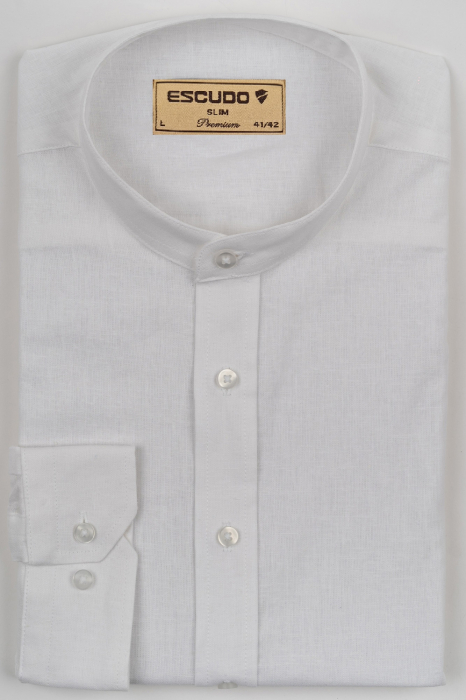Camasa barbati alba slim fit din in cu guler tunica PREMIUM [4]