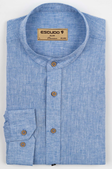 Camasa barbati albastra slim fit din in cu guler tunica PREMIUM [3]