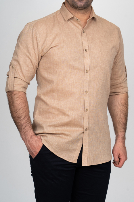 Camasa barbati regular fit bej-inchis din in PREMIUM [2]