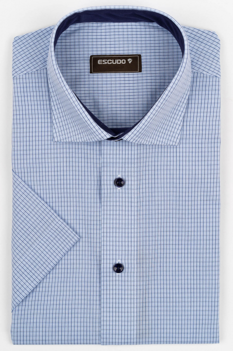 Camasa barbati regular fit bleu cu caro bleumarin si alb cu maneca scurta - 2XL-3XL [1]