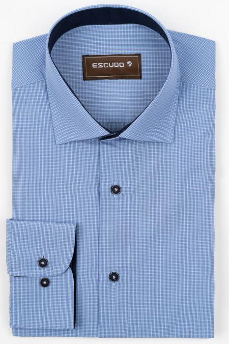 Camasa barbati regular  fit bleu cu caro gri si alb [1]