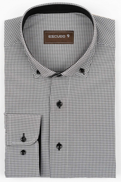 Camasa barbati slim fit alba cu caro negru si gri [1]