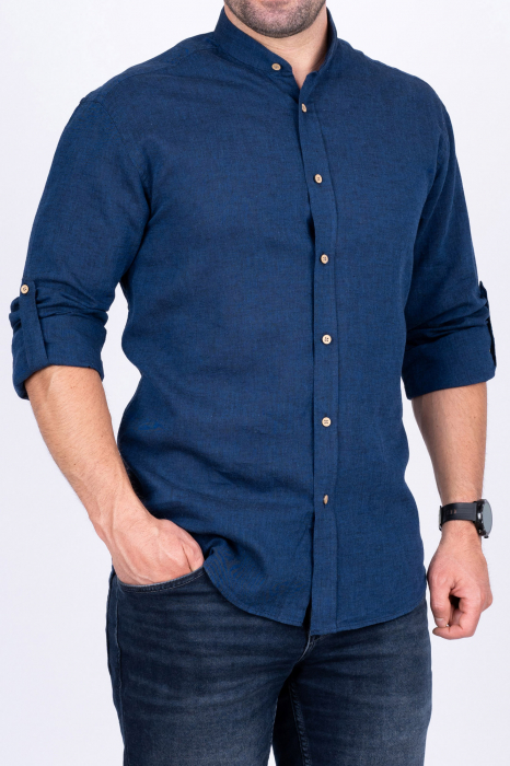 Camasa barbati slim din in bleumarin cu guler tunica [2]