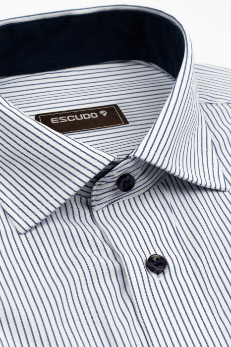 Camasa barbati slim fit alba cu dungi fine navy [3]