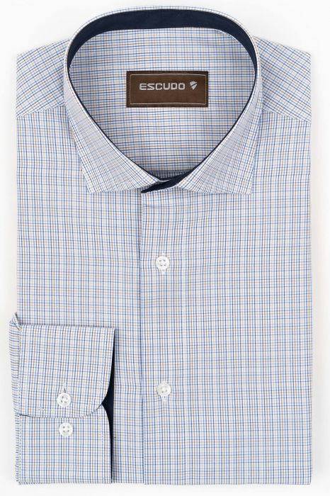 Camasa barbati slim fit alba cu caro albastru si maro [1]
