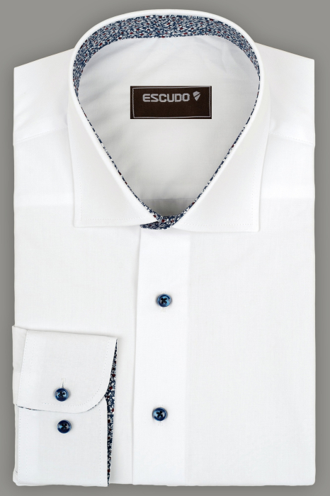 Camasa barbati slim fit alba cu insertie bleumarin cu flori la guler [1]