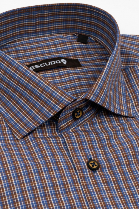 Camasa barbati slim fit albastra cu carouri maro si albe [3]