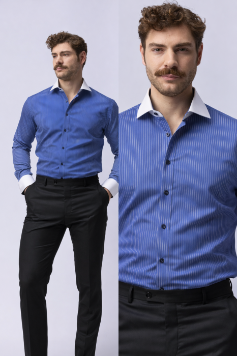 Camasa barbati slim fit albastra cu dungi fine albe [3]