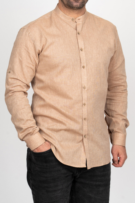 Camasa barbati slim fit bej-inchis din in PREMIUM - guler tunica [2]