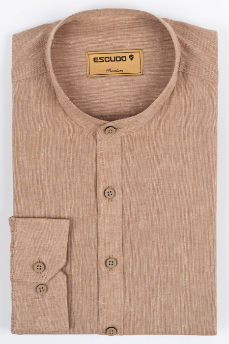Camasa barbati regular fit bej-inchis din in PREMIUM - guler tunica [3]
