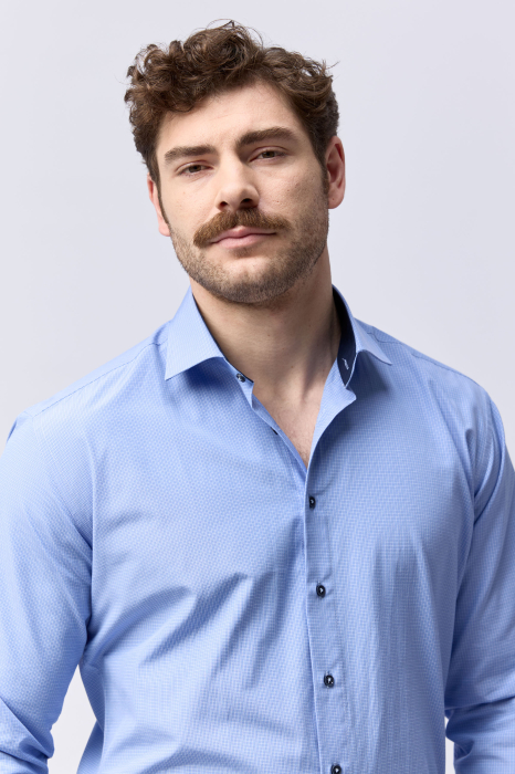 Camasa barbati slim fit bleu cu caro gri si alb [3]