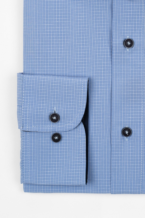 Camasa barbati slim fit bleu cu caro gri si alb [2]