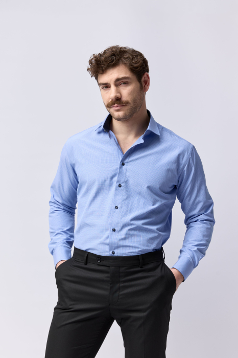 Camasa barbati slim fit bleu cu caro gri si alb [2]