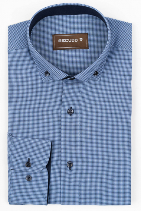 Camasa barbati slim fit albastra cu caro alb si bleumarin [1]