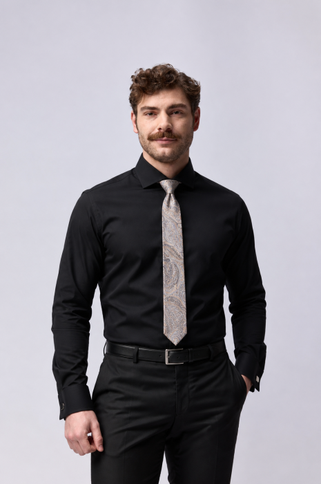 Camasa barbati slim fit neagra cu mansete pentru butoni si nasturi ascunsi - CONFORT [3]