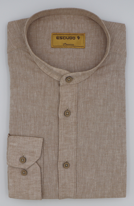 Camasa bej slim fit din in cu guler tunica pentru barbati 2XL [1]