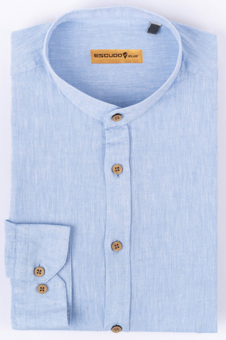 Camasa bleu casual barbati slim din in cu guler tunica [2]