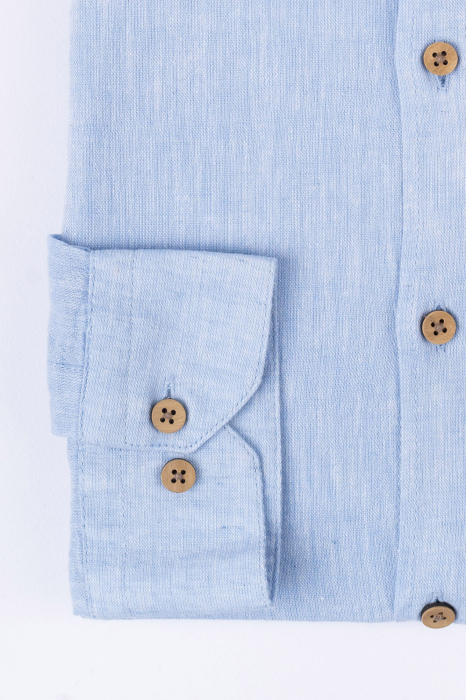Camasa bleu casual barbati slim din in cu guler tunica [3]
