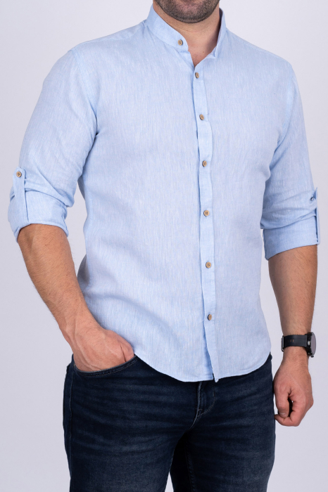 Camasa bleu casual barbati slim din in cu guler tunica [5]