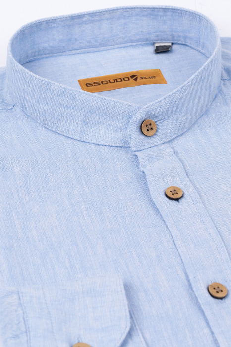 Camasa bleu casual barbati slim din in cu guler tunica [4]