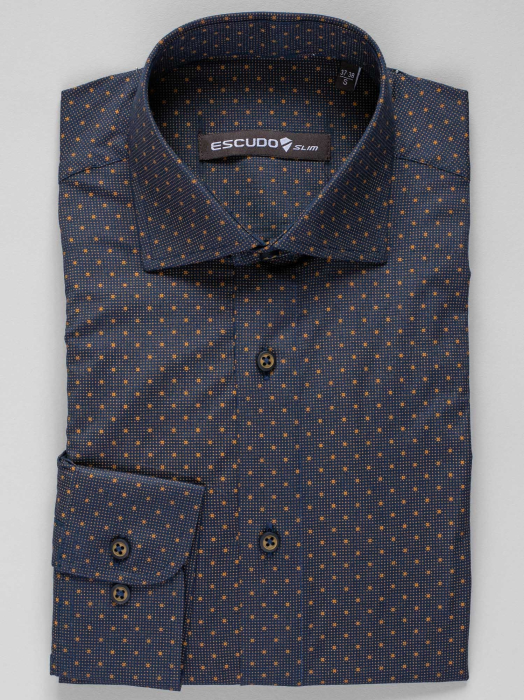 Camasa cu lycra bleumarin slim fit cu imprimeuri maro [3]