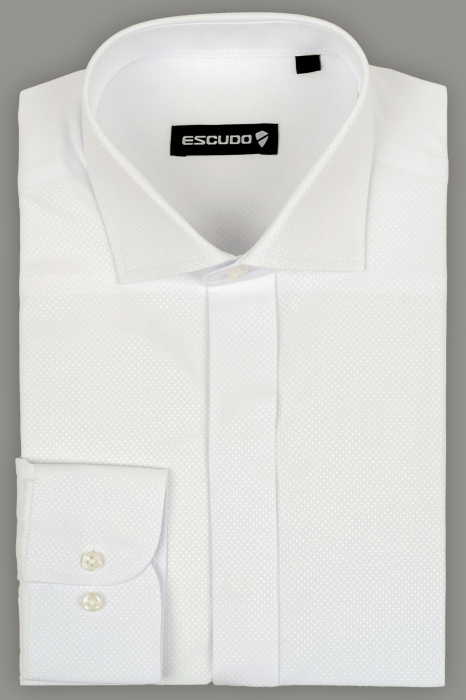 Camasa regular alba cu model in tesatura si nasturi ascunsi 2XL [1]