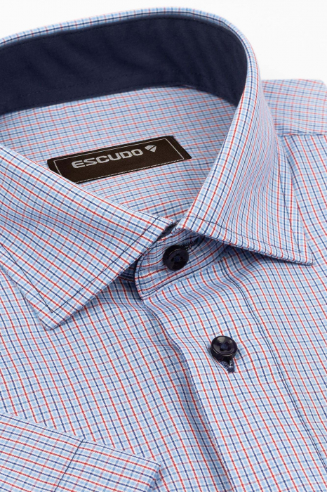 Camasa regular fit bleu cu carouri rosii si bleumarin 2XL [2]