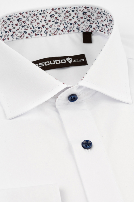 Camasa slim alba cu insertii florale si nasturi albastri [2]