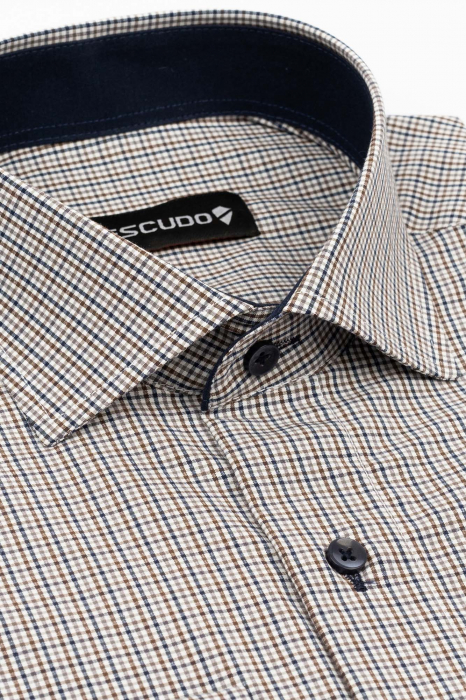 Camasa slim fit alba cu carouri bleumarin si maro [2]