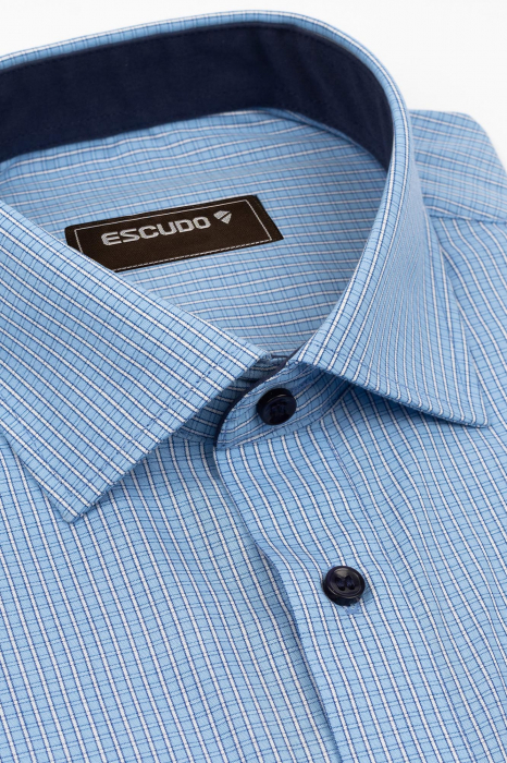 Camasa slim fit bleu cu carouri albe si bleumarin 2XL [3]