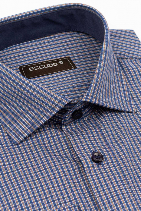 Camasa slim fit  bleumarin cu caro maro si alb [3]