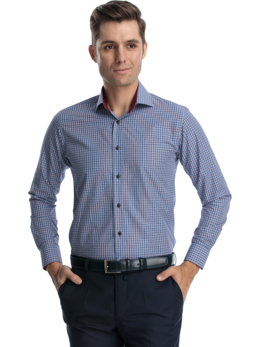 Camasa slim fit bleumarin cu carouri bordo [2]