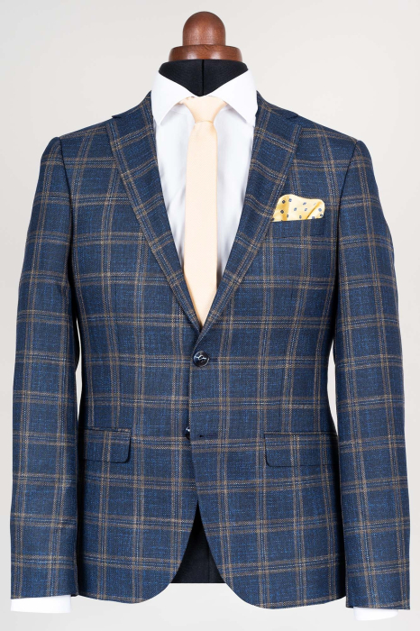 Costum albastru slim fit cu carouri maro [2]