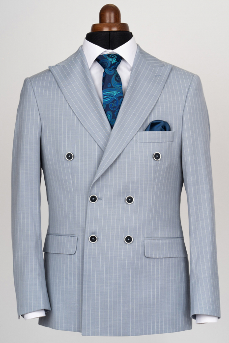 Costum barbati slim fit bleu-dungi cu doua randuri de nasturi [6]