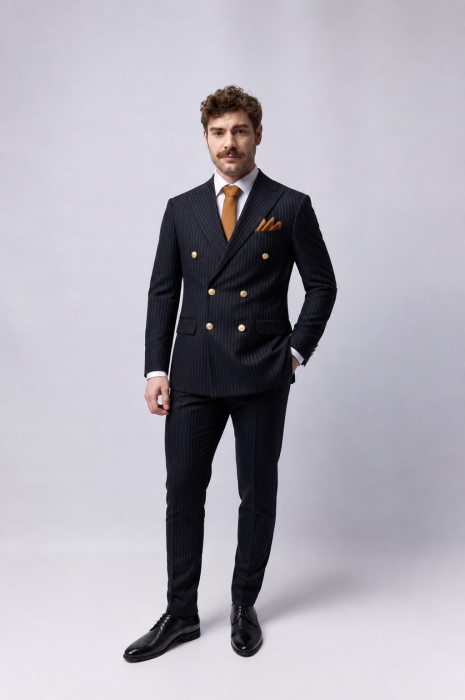 Costum barbati slim fit bleumarin cu dungi maro si doua randuri de nasturi [4]