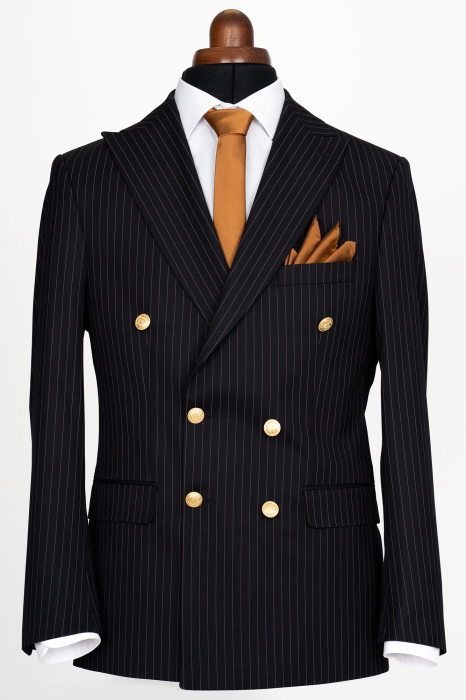 Costum barbati slim fit bleumarin cu dungi maro si doua randuri de nasturi [2]