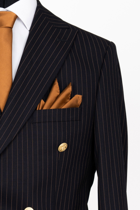 Costum barbati slim fit bleumarin cu dungi maro si doua randuri de nasturi [3]