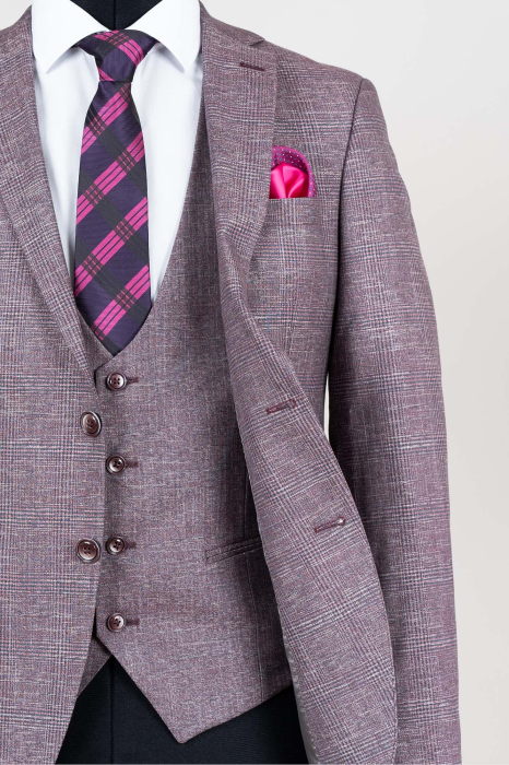 Costum roz slim fit cu carouri [4]