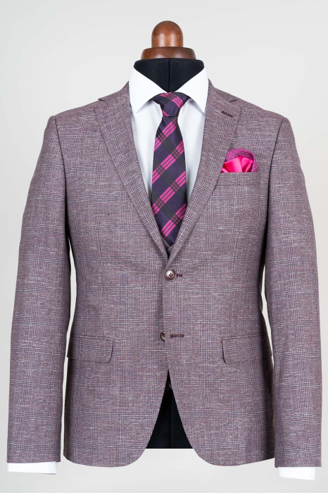 Costum roz slim fit cu carouri [3]