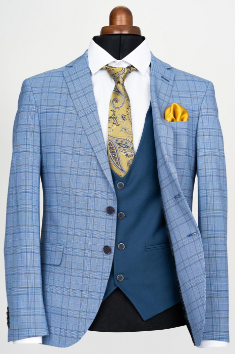 Costum cu vesta slim fit albastru-caro [2]