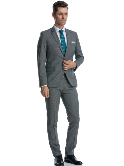 Costum slim fit gri cu caro turcoaz [3]