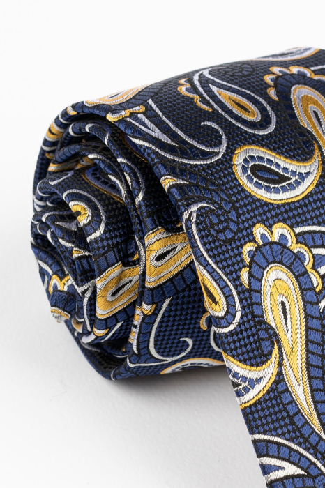 Cravata de matase bleumarin cu model floral auriu [2]